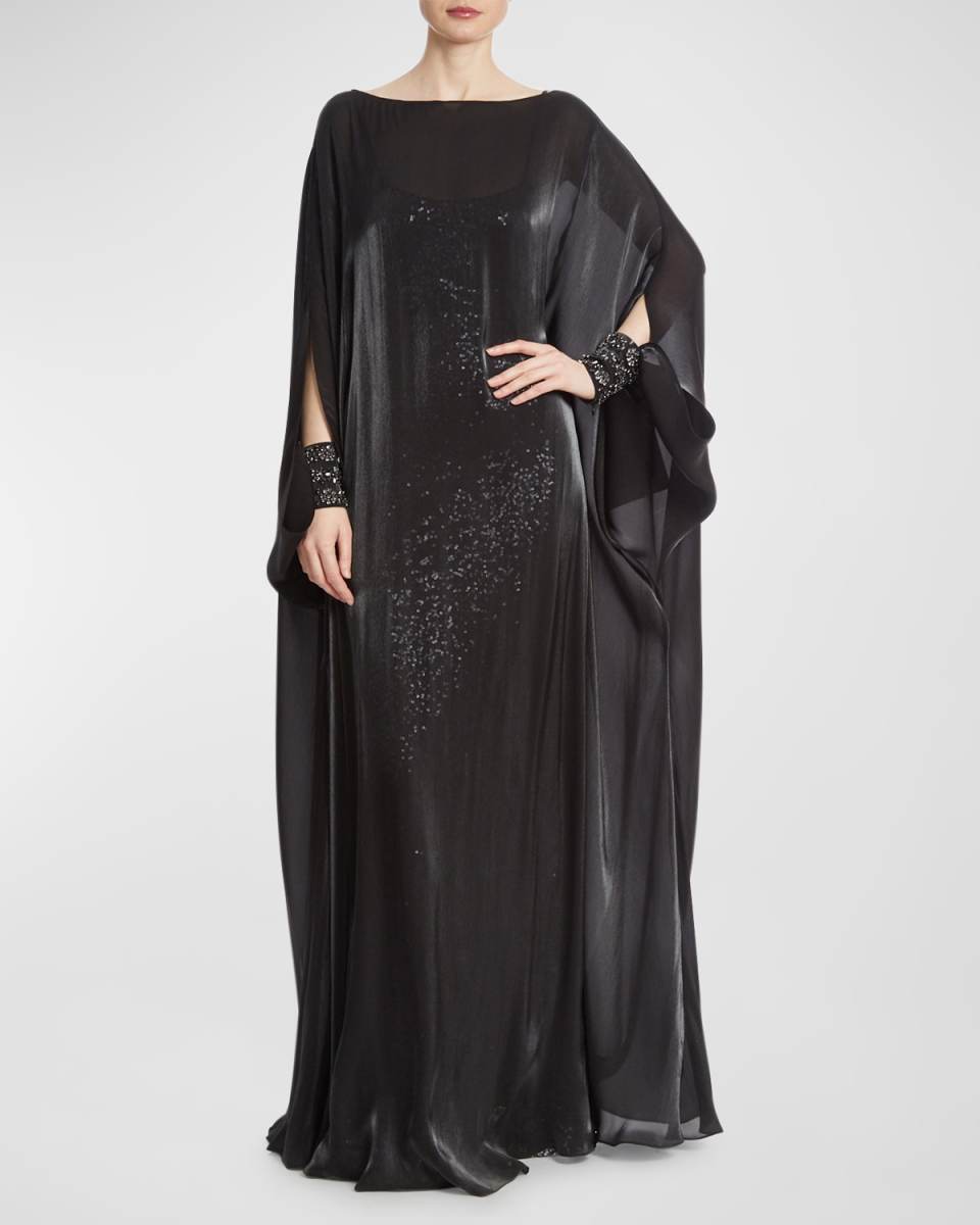 Draped Sequin Chiffon Caftan Gown